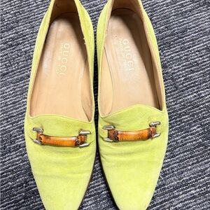 Gucci Women's Vibrant Green Loafers with Bamboo Detail